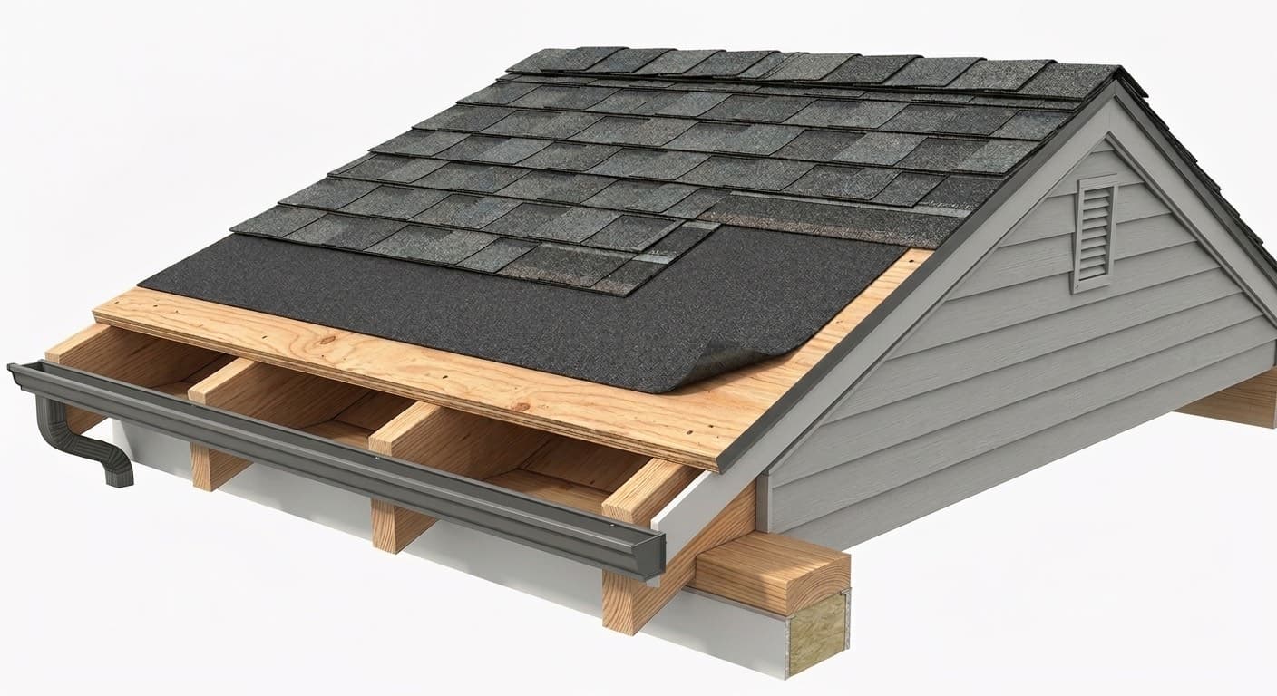 Cross-section of a residential roof showing shingles, underlayment, decking, rafters, and gutters